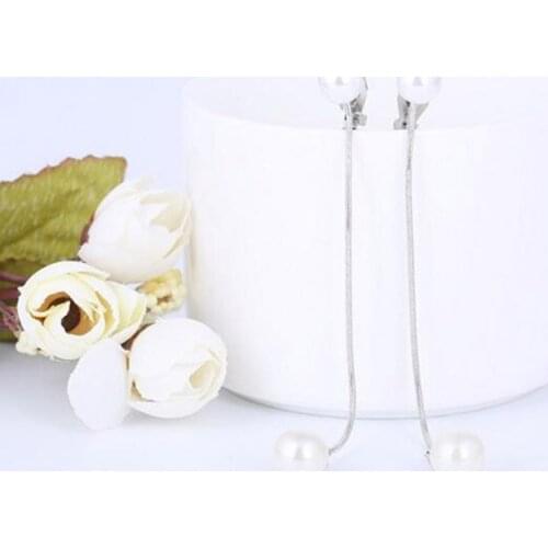 New Design Double Simulated Pearl Long Tassel Clip on Earrings Without Piercing for Girls Party Weddings No Hole Ear Clip