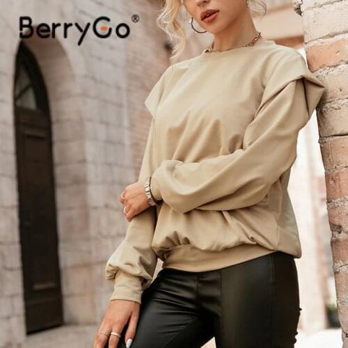 BerryGo Solid O-neck Office Ladies Sweatshirt Autumn Khaki Off shoulder Women Sweatshirt Full Regular Sleeves Female Pullover