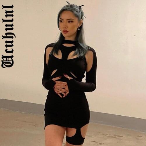 Ucuhulnl Y2k Gothic Grunge Women Mini Dresses Punk Cyber Bodycon Long Sleeve Summer Dress Black Sexy Hollow Out Party Clubwear