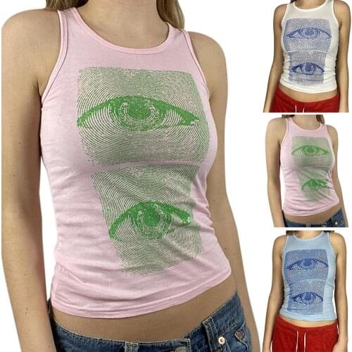 Y2K Sexy Womens Vest Sleeveless Big Eye Print Tank Casual Top Backless Umbilical Soft Comfortable Slim Vest