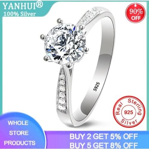 YANHUI Womens Original Silver Ring 6mm Round Zircon CZ Engagement Ring Silver 925 Jewelry Wedding Bands Christmas/Birthday Gift
