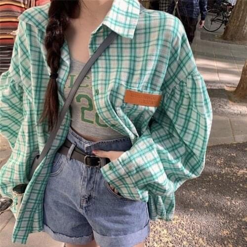 HOUZHOU Green Korean Style Plaid Shirts Harajuku Oversize Classic Vintage Shirt Female Long Sleeve Autumn Casual Women Blouse