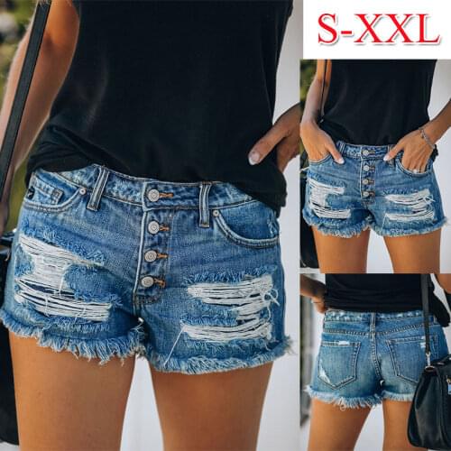 Summer Denim Casual Shorts Jeans Women High Waisted Short Button-down Denim Shorts with Holes and Patches High Waist Jeans