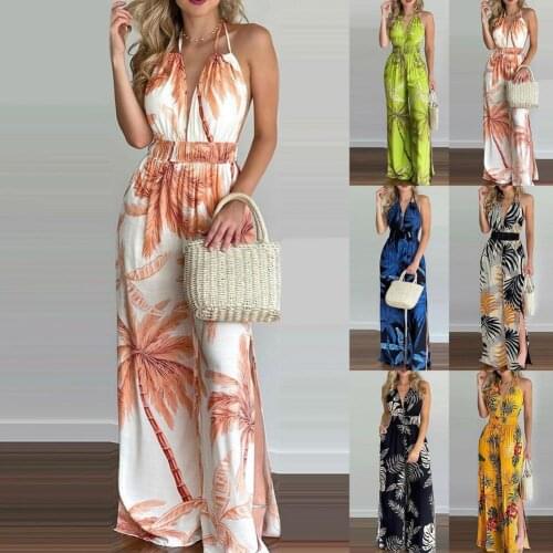 Women Floral Print Long Jumpsuits Sleeveless Deep V-neck Backless Lace-up Jumpsuit for Summer Beach style Dropshipping