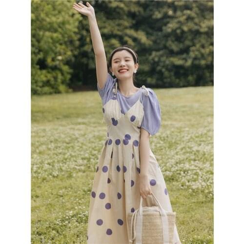Summer Women 2 Piece Outfits Sweet Light Purple Puff Sleeve Shirt Lady Tops & Polka Dot Strap Dress Matching Sets Ensemble Femme