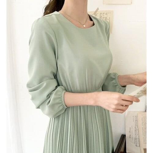 Draped A-Line Ruched Midi Dress Green Long Sleeve Vestidos Largos Verano Elegant 2021 Spring Night Women Korean Vestido De Mujer
