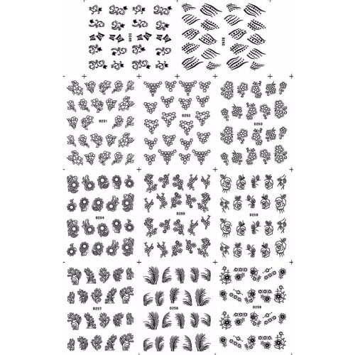 11 PACKS / LOT NAIL TATTOOS STICKER WATER DECAL NAIL ART BLACK FLOWER FEATHER D SERIAL D249-259K