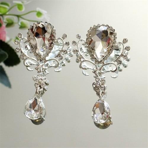 2Pieces 7X 4.5cm Silver Crystal Rhinestone Applique Flower Wedding Bridal Fashion Decoration Accessory with pin RT0067