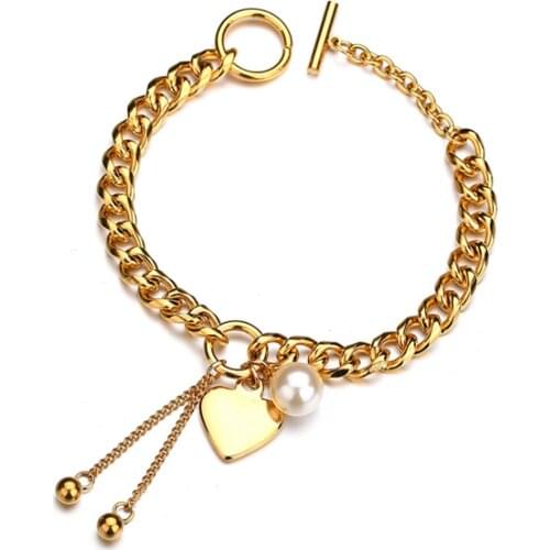316L Stainless Steel Bohemian Pearl Pendant Love Heart Tassel Bracelet OT Clasp Ladies Bracelet No Fading