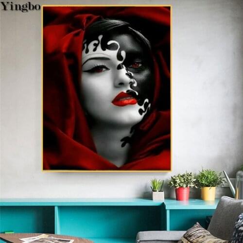 5D round square diamond embroidery Red lips woman black and white face abstract Diy full sets diamond painting mosaic pictures