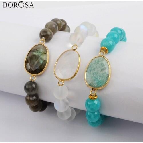 BOROSA 5Pcs Gild Amazonium White Quartz Labradorite Faceted Bracelet Gems Stone With 10mm Beads Bracelet Bangle Jewelry G1876