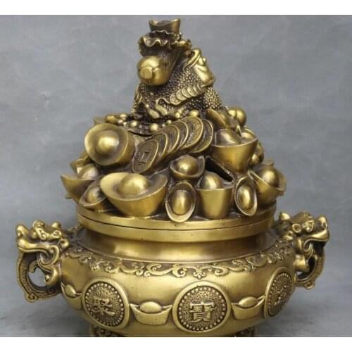 Pure Bronze Wealth Baicai Dragon Ruyi Toad Treasure Bowl Incense Burner Censer