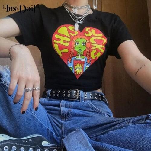 InsDoit Harajuku Gothic Print Black T Shirt Punk Streetwear O Neck Short Sleeve Tshirts Women Fashion Casual Sexy Cropped Tops