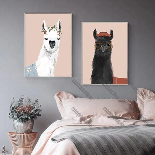 Modern Style Canvas Painting Poster and Print Black White Alpacas Wearing Clothes and Sunglasses for Home Rooms Wall Decoration