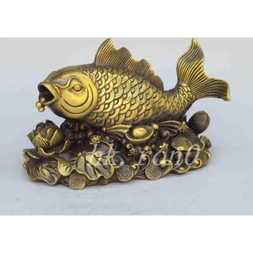 Exquisite Chinese Feng Shui brass carp annual surplus lotus Money Lucky Statue
