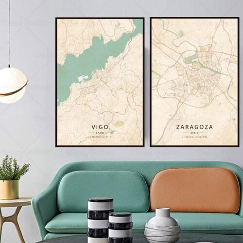 Map Art Vigo city map Zaragoza Canvas Art Map Poster Black White Minimalist Painting