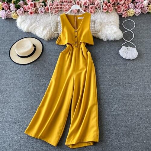 Summer 2021 New Fashion V-neck Jumpsuit Womens Waist Slimming Wide-leg Pants Trousers Jumpsuit Sleeveless C861