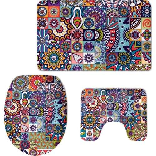 Fashion Colorful Mandala Floral Prints Bathroom 3pcs Accessories Soft Comfortable Non-slip Bath Rug Toilet Seat Cover Washable