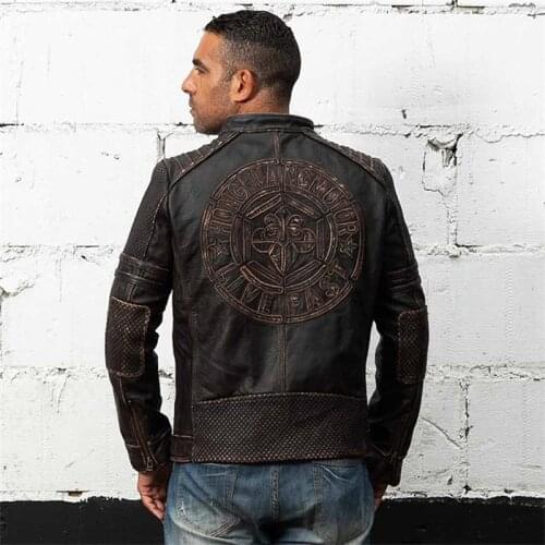 DHL Mens Black Printed Leather Genuine Cowhide Jacket Motorcycle Leather Jacket, Retro Casual Cowhide Leather Coat