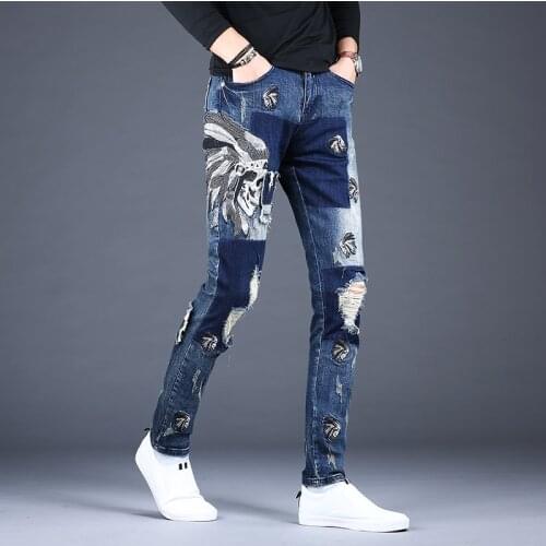 Men Blue Patch Ripped Jeans 2020 Fashion Korean Style Embroidery Distressed Slim Fit Pencil Pants Streetwear Denim Trousers