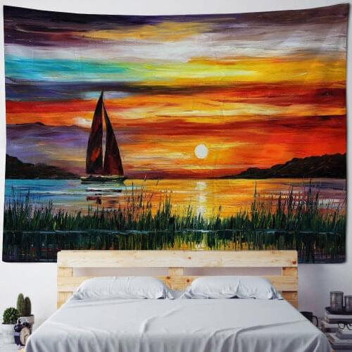 The Style Of Painting Wall Handing Tapestry Boat On The Sea Interior Decoration Sandy Beach Picnic Towel