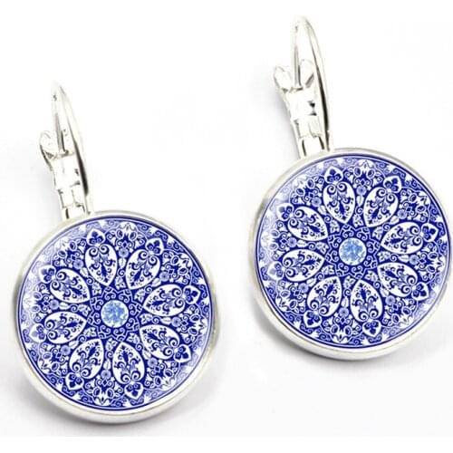Charming bule mandala henna flower pendant earrings yoga om symbol Zen Buddhism crystal rhinestone earrings for jewelry