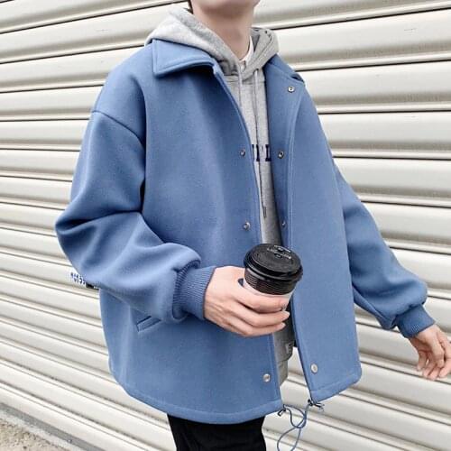 Autumn Winter Mens Wool Blends Coat Loose Casual Students Men Coats Pockets Single Breasted Solid Male Clothing K089