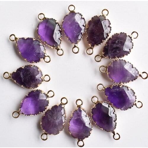 Fashion natural stone amethysts section drop shape gold color Connector pendants for jewelry making wholesale 12pcs/lot free