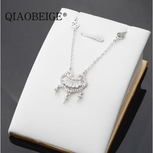 QIAOBEIGE diy handmade 925 Sterling Silver key Pearl Pendant Necklace Long Chain Necklace Jewelry Wedding Necklace Accessories