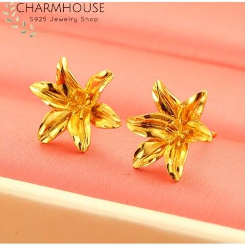 Charmhouse Pure Yellow Gold GP Earring For Women Flower Stud Earrings Brincos Femme Oorbellen Pendientes Korea Jewelry Gifts