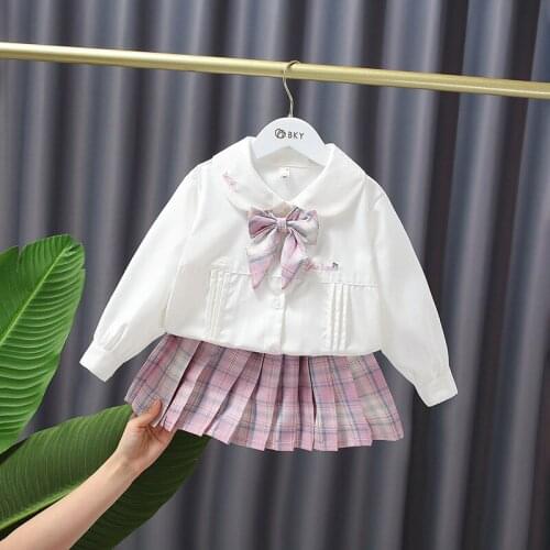 Girls Uniform Fashion Dress Autumn Suit Shirt with bow tie + Plaid skirts + Pink Coat Kids Clothes Sets