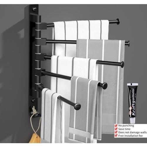 Bathroom Towel Hanger Wall-Mounted Space Aluminum Towel Bar Holder 3/4/5 Rod Storage Rack with Hook Rotable Kitchen Shelf Tools