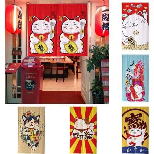 Japanese Cotton Linen Bedroom Door Curtain Cartoon Lucky Cat Kitchen Half Curtain Household Partition Blackout Curtain