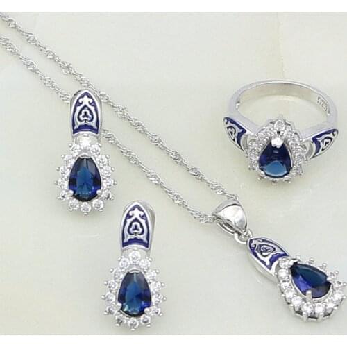 Oil Paint 925 Sterling Silver Jewelry Blue Rhinestone White CZ Water Drop Jewelry Sets Earring/Pendant/Necklace/Ring For Women