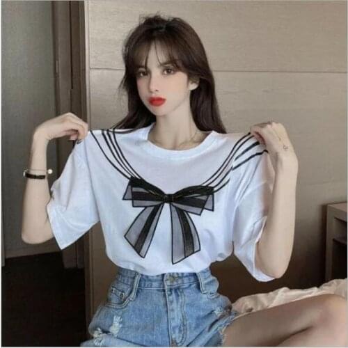 Bow Tie Print T shirts Women Fashion Style Short Sleeve Round Neck T-shirt Woman Summer New Women Tops