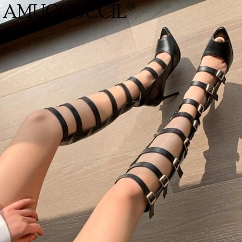 2020 New Plus Big Size 34-46 Black White Buckle Fashion Sexy High Heel Autumn Females Ladies Women Summer Boots X1977