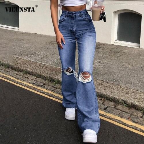 Women 2021 Fashion Street Style Ripped Jeans New Vintage Solid Denim Trouser Autumn Casual Wide Leg Pants Ladies Jean Long Pants