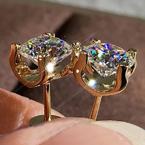 18K Yellow Gold 2 Carat Stud Earrings Women Wedding Anniversary Engagement Party Round Moissanite Diamond Elegant Trendy