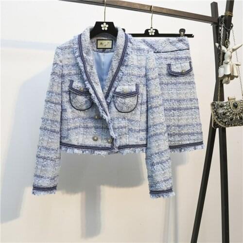 New Fashion Women Tweed Skirt Sets 2021 Autumn Tassel Beading Woolen Tweed Jacket + A Line Short Skirt Suits Two Piece