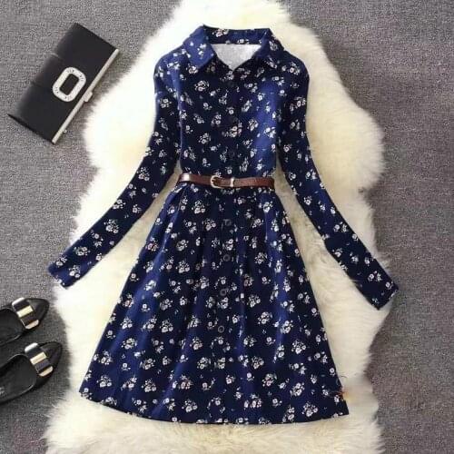 Women Casual Autumn Dress Lady Korean Style Vintage Floral Printed Shirt Dress Long Sleeve Plus Velvet Warm Winter Dress Vestido