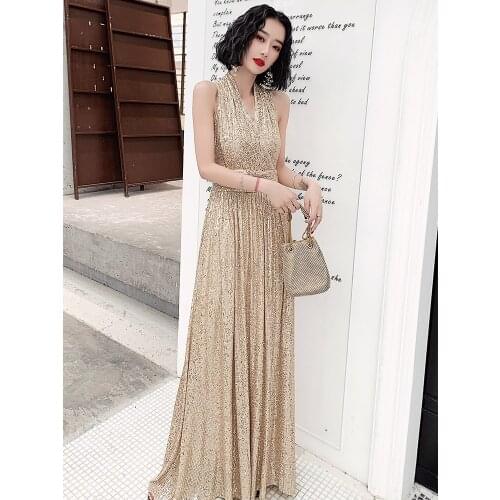 Evening Dress Female 2020 New Banquet High-end Champagne Long Sequin Sexy V-neck Prom Party Dresses vestido de festa