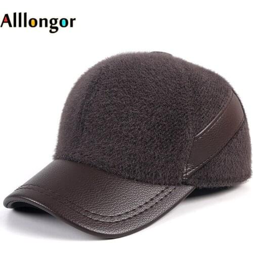 High Quality Winter Baseball Cap Men Snapback 2020 Autumn Warm Thicken Faux Fur Leather Dad Hat Ear Flaps Casquette Homme Black
