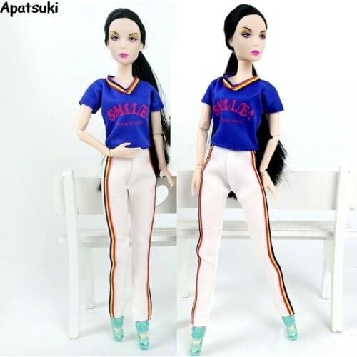 1set Blue Letter Shirt Sports Gym Tops Yoga Top Long White Pants Outfit Clothes for Barbie Doll Clothes for 1/6 BJD Doll Kid Toy