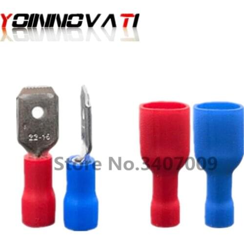 100pcs 50pairs 6.3mm 16-14AWG Female Male Electrical Wiring Connector Insulated Crimp Terminal Spade Blue FDFD2-250 MDD2-250