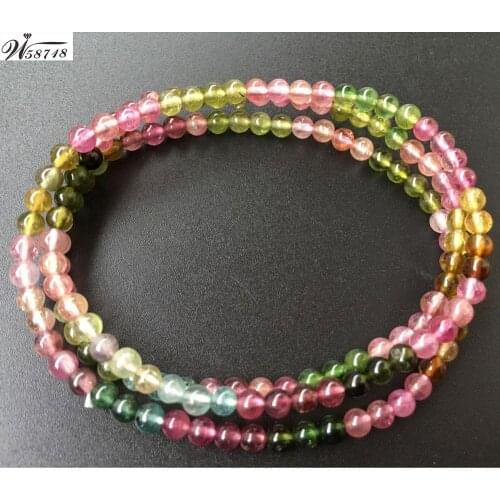 3 Row Free Shipping Fashion Jewelry 3.5~4mm Natural Multicolor Tourmaline Round Beads Women Stretch Bracelet 21" G8699