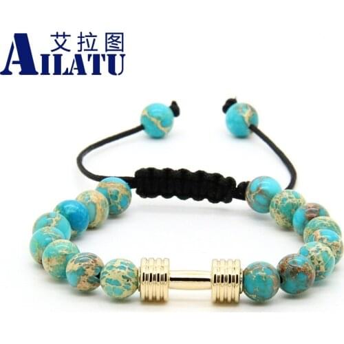 Ailatu Wholesale 8mm Sea Sediment Imperial Stone Beads with Metal New Barbell Fitness Dumbbell Macrame Bracelets