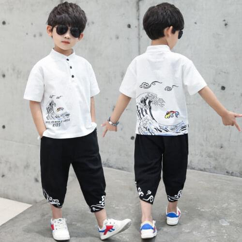 Childrens hanfu chinese style childrens wear boys' summer Tang short sleeve Capris two piece set