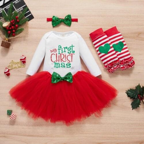 New Baby Girls Christmas Clothes 4 Pcs My 1st Christmas Printed Romper Mesh Tutu Skirt Headband and Leg Warmers Xmas Outfit