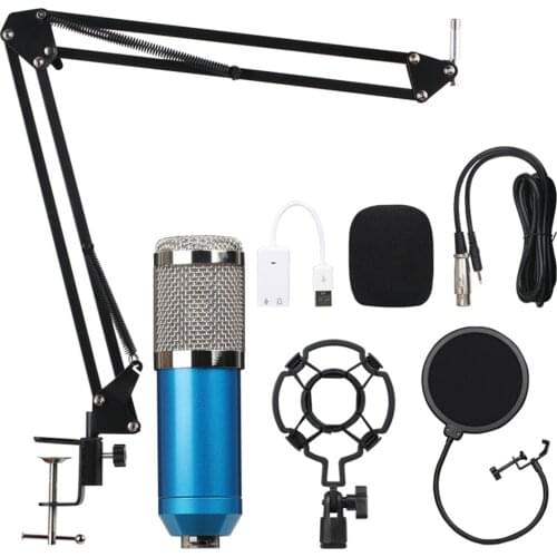 Condenser Microphone Kit with Shock Mount Suspension Scissor Arm Stand Pop Filter Windscreen USB Sound Card for Broadcasting