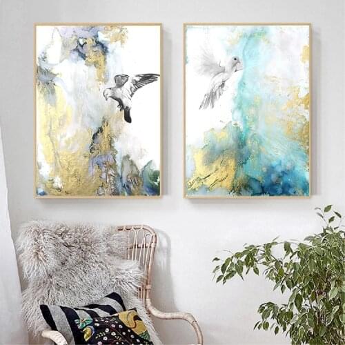 Wall Art Modern Abstract Golden Blue Marble Pigeon Posters Prints Picture Nordic Canvas Paintings Living Room Bedroom Decoration